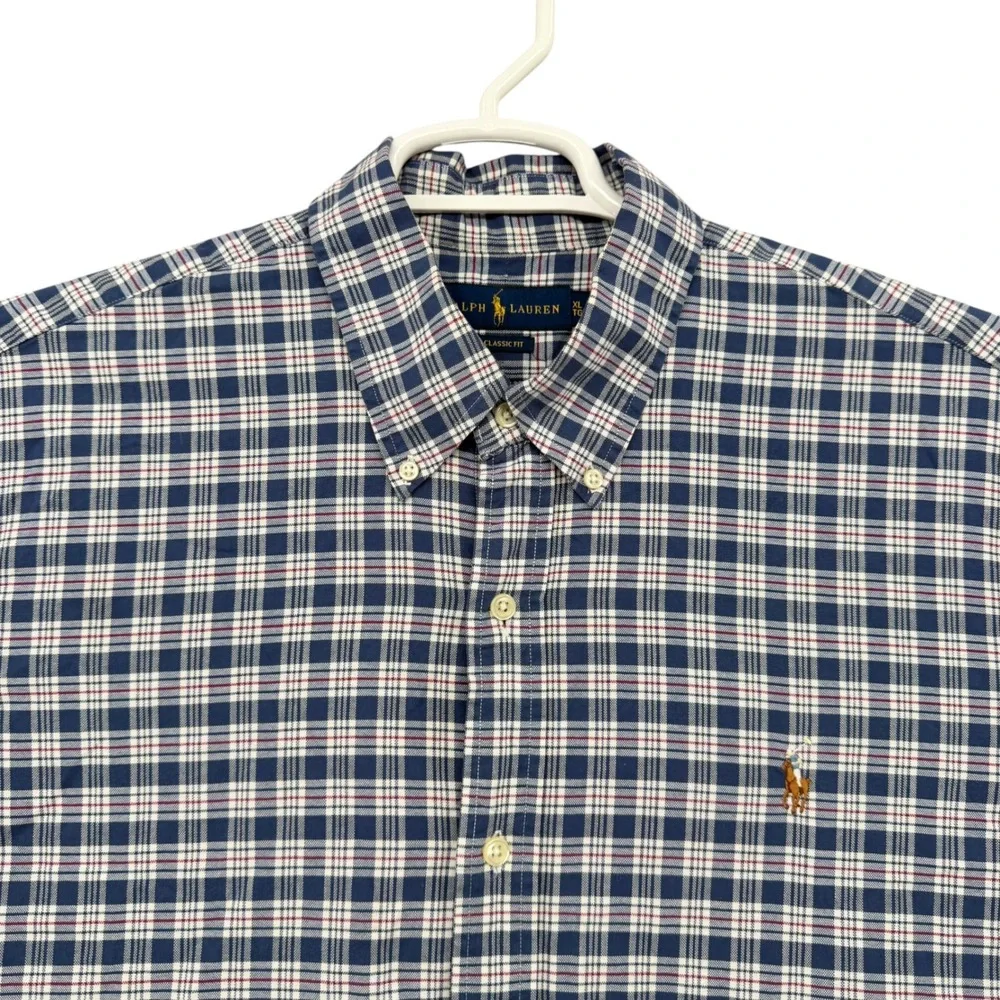 Polo Ralph Lauren Mens XL Classic Fit Plaid Button Down Shirt Navy Blue Cotton